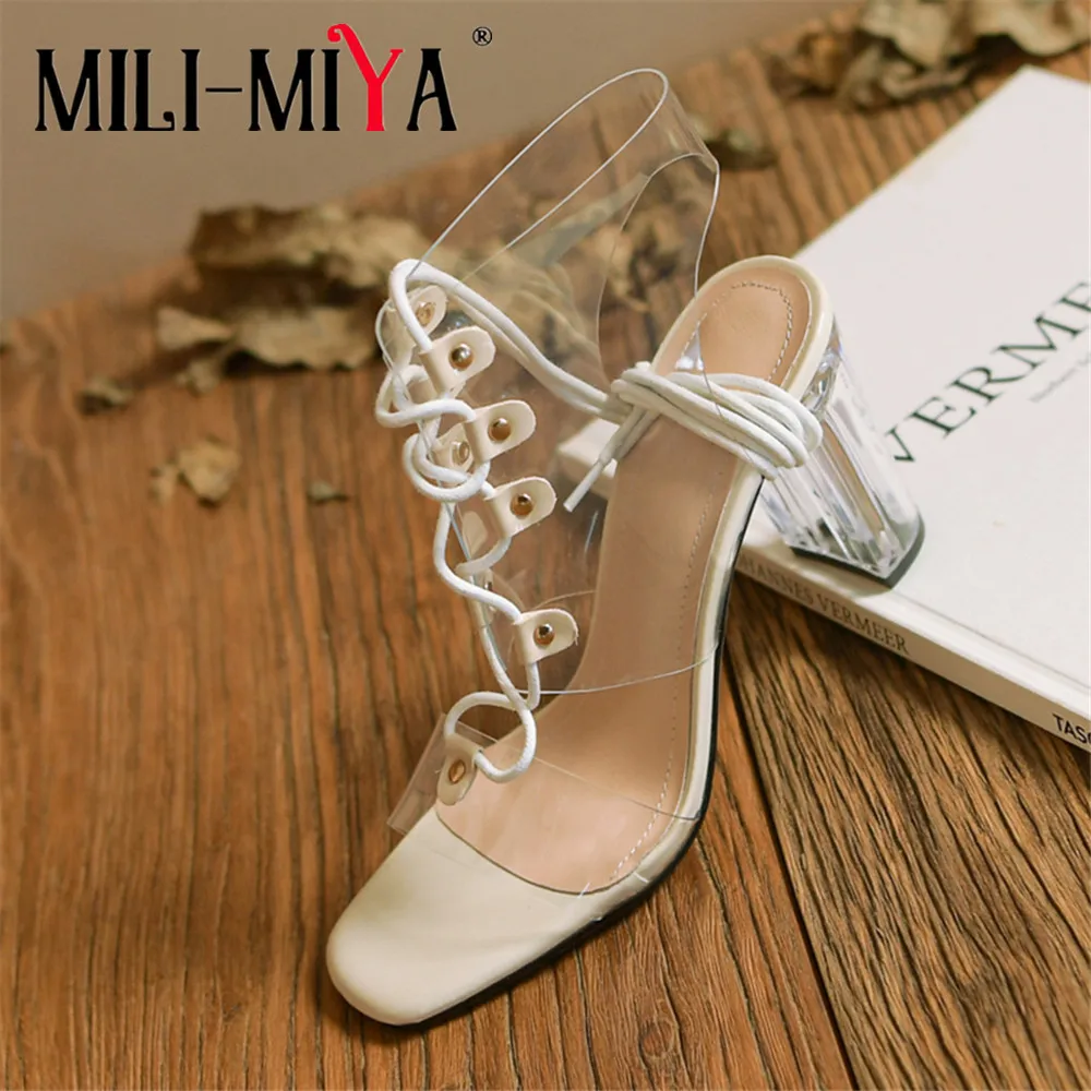 

MILI-MIYA Fashion Women Soft Pvc Sandals Boots Thick Heels Peep Toe Slingback Lace Up Solid Color Spring Summer Shoes Handmade