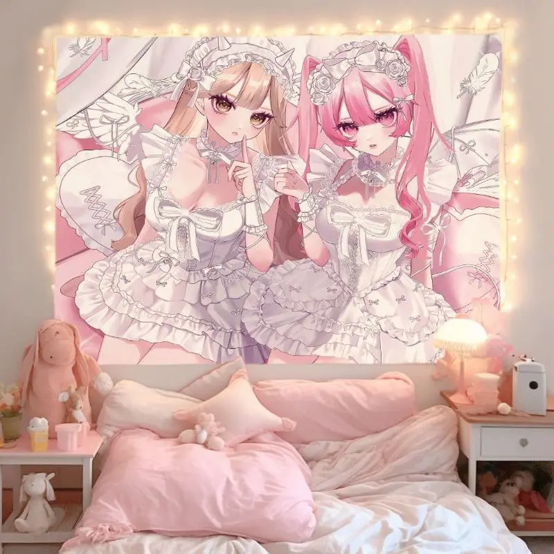 VIKAMA Twin Angel Girls Wall Tapestry Pink Kawaii Wall Hanging Backdrop Cute Art Print Dorm Bedroom Background Decor