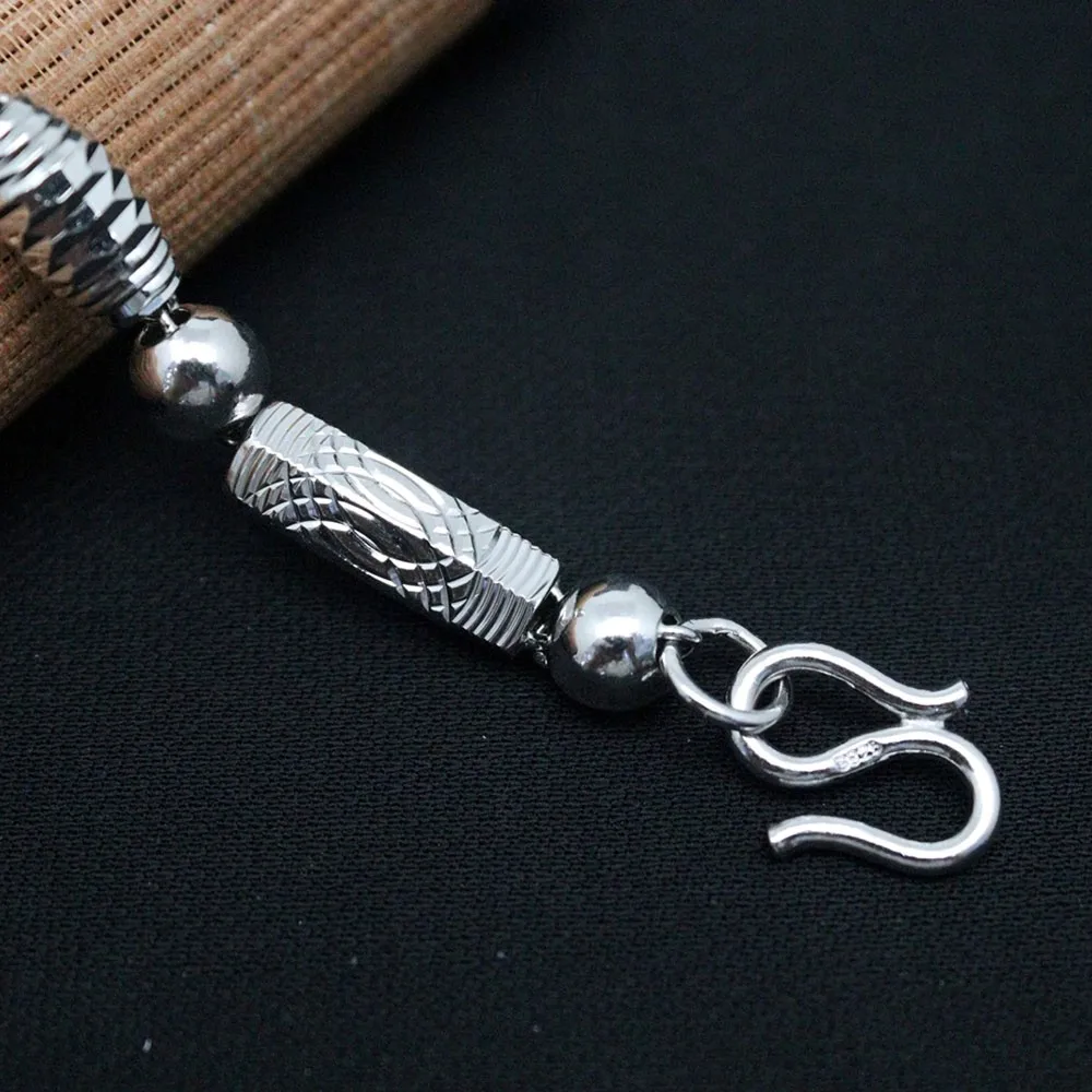 Real Solid 925 Sterling Silver Chain Men Women Carved Pattern Beads Link Bracelet 19g/19+3cm