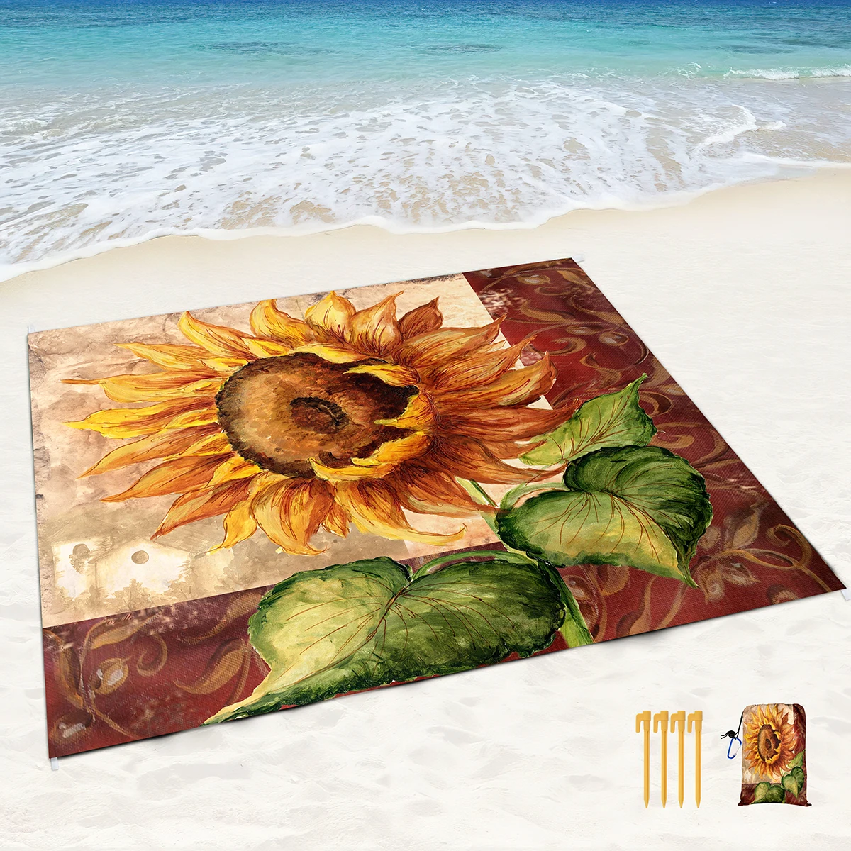 Waterproof Beach Mat Foldable Camping Blanket Oil Painting Sunflower Picnic Blanket with 4 Corner Sand Pockets for Travel Hiking