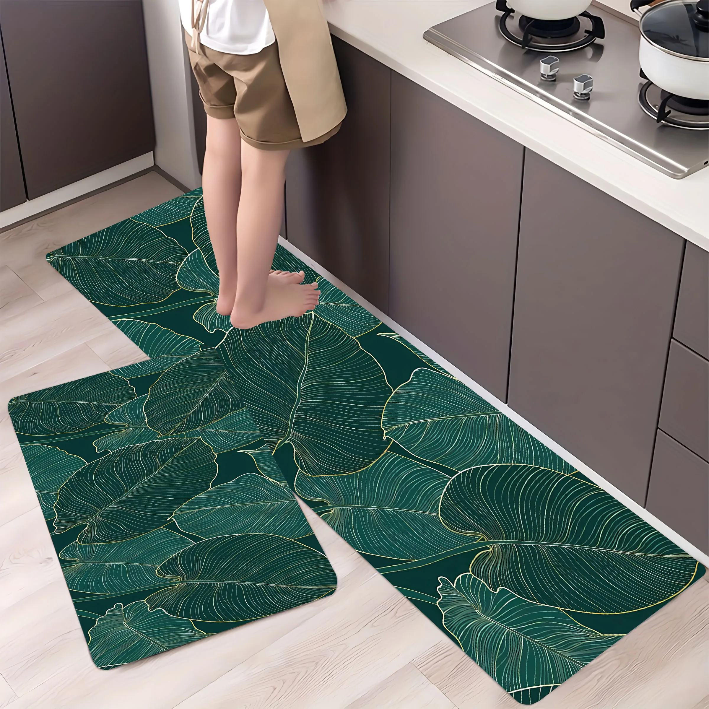 

Hand Drawn Leaf Gold Line Design Kitchen Carpet Bathroom Mat Non-silp Flannel Doormat for Home Decorative Accessories Floor Pads