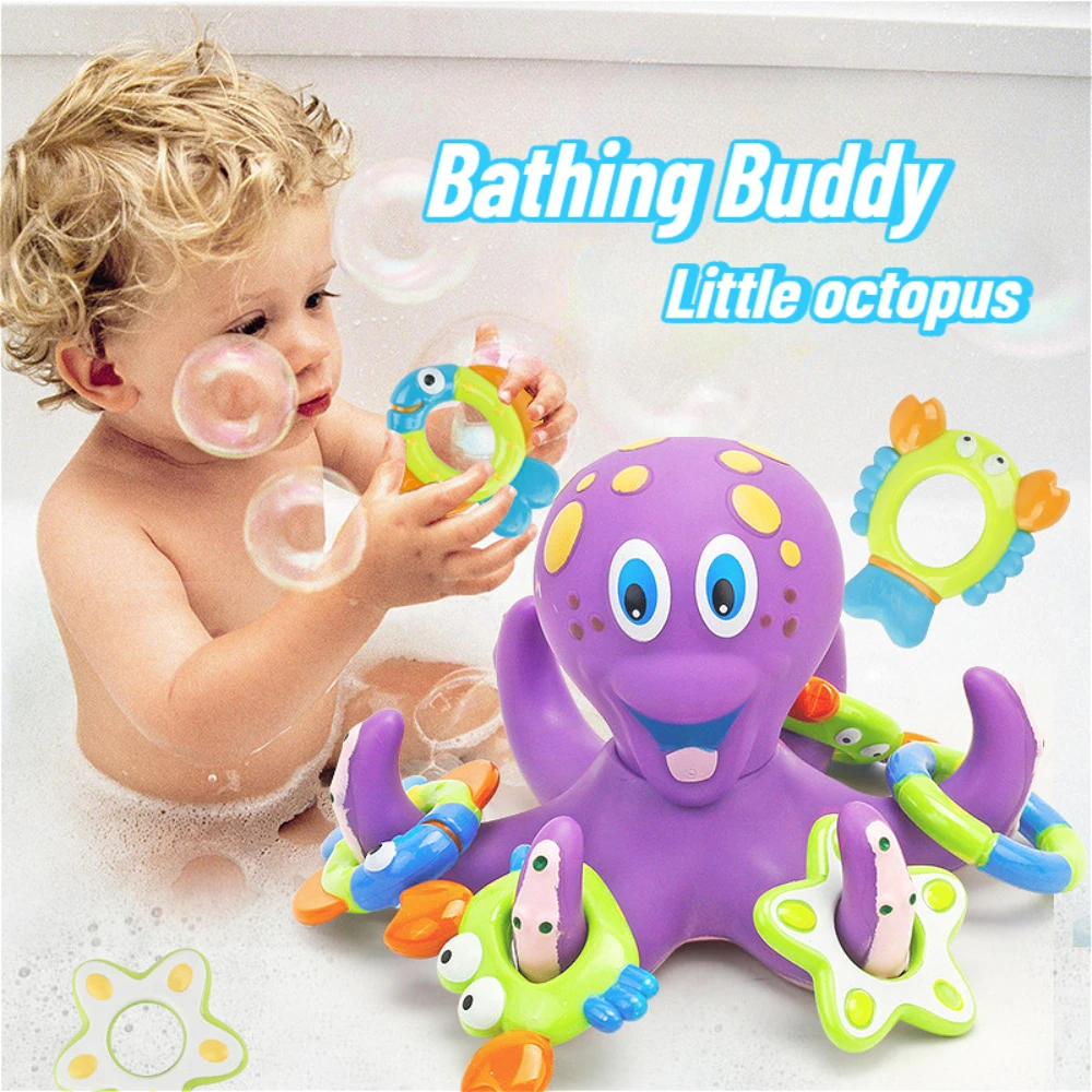 Baby Bath Toy,Floating Purple Octopus Toy with 5 Hoopla Rings,Puzzle Ring Throwing Sensory Toys, Baby Shower Gift for 18+ Months