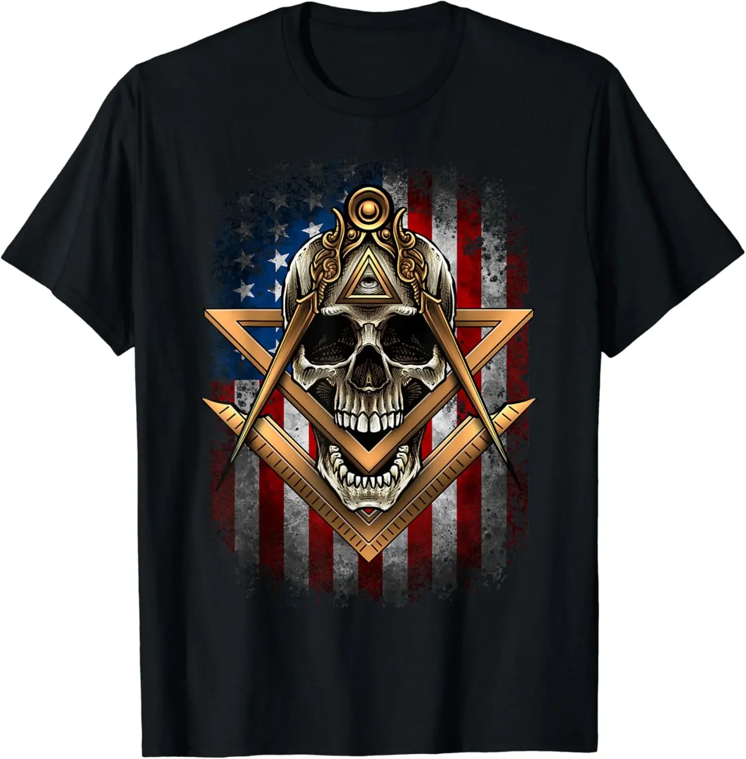 Freemason Square & Compasses Skull USA Flag Masonic T-Shirt 100% Cotton O-Neck Short Sleeve Summer Casual Mens T-shirt