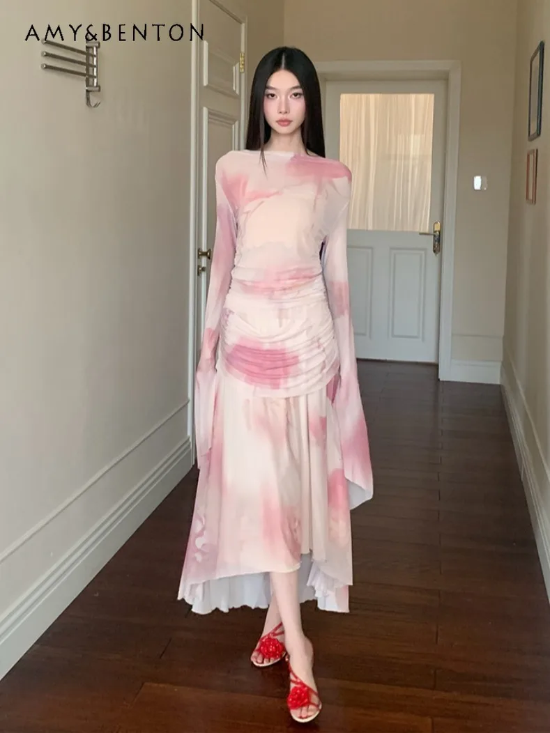 

2025 Spring/Summer New Pink Mesh Printed Swing Collar Long Sleeve Slim Fit Top Irregular Loose Mid-Length Skirt