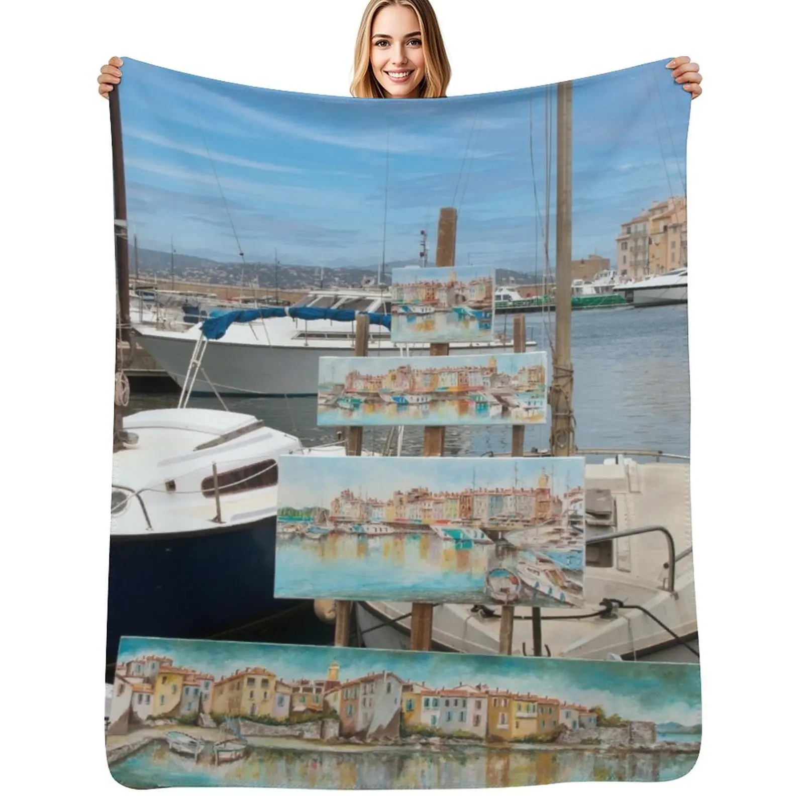 

Painting at the Harbour Throw Blanket Multi-Purpose Softest Plush Soft Plush Plaid Blankets