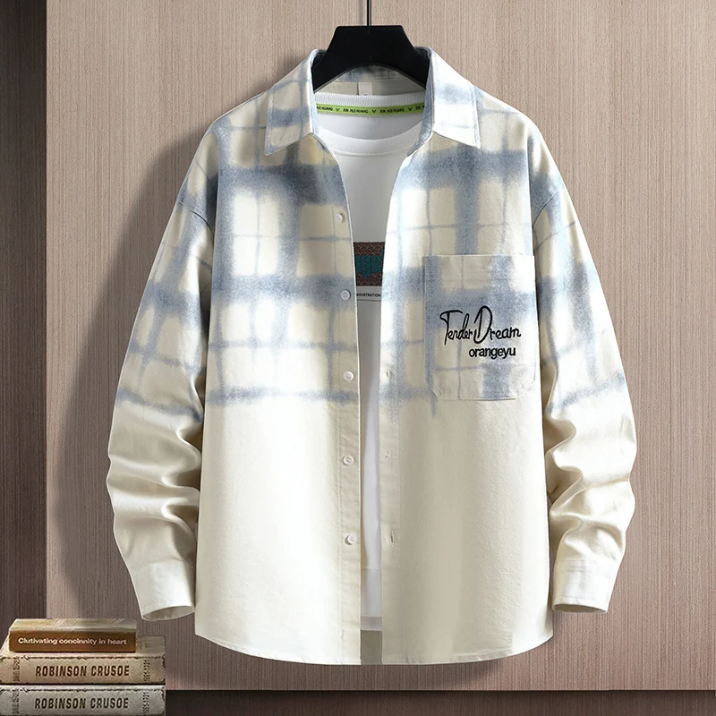 

Men's Long Sve irt Casual Loose American Retro Plaid High Street Faion Brand Spring Autumn Wear Comfortable Cotton irt