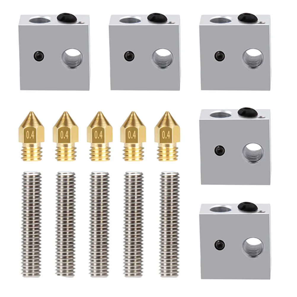 

5pcs Stainless Steel Extruder Throat Tube and 5pcs 0.4mm MK8 Brass Extruder Nozzle Heads and 5pcs MK7/8 Aluminum Heater Block Ex
