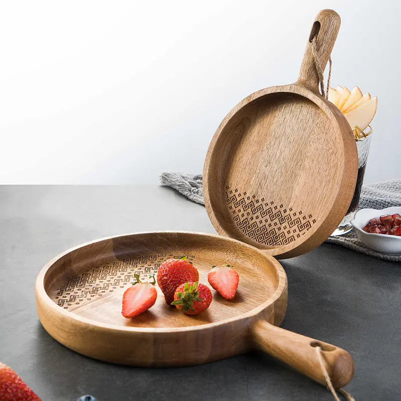 Acacia Wood Round Serving Tray with Handle Wooden Plate Household Fruit Dessert Platter Dinner Food Tray for Kitchen Decor