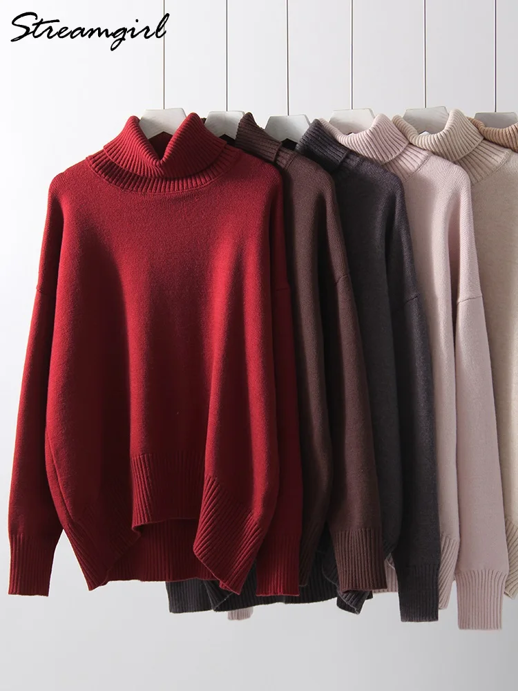 Women\'s Winter Sweater Oversize 2024 Warm Turtleneck Knit Pullover Woman Solid Loose Jumpers Burgundy Sweaters For Women