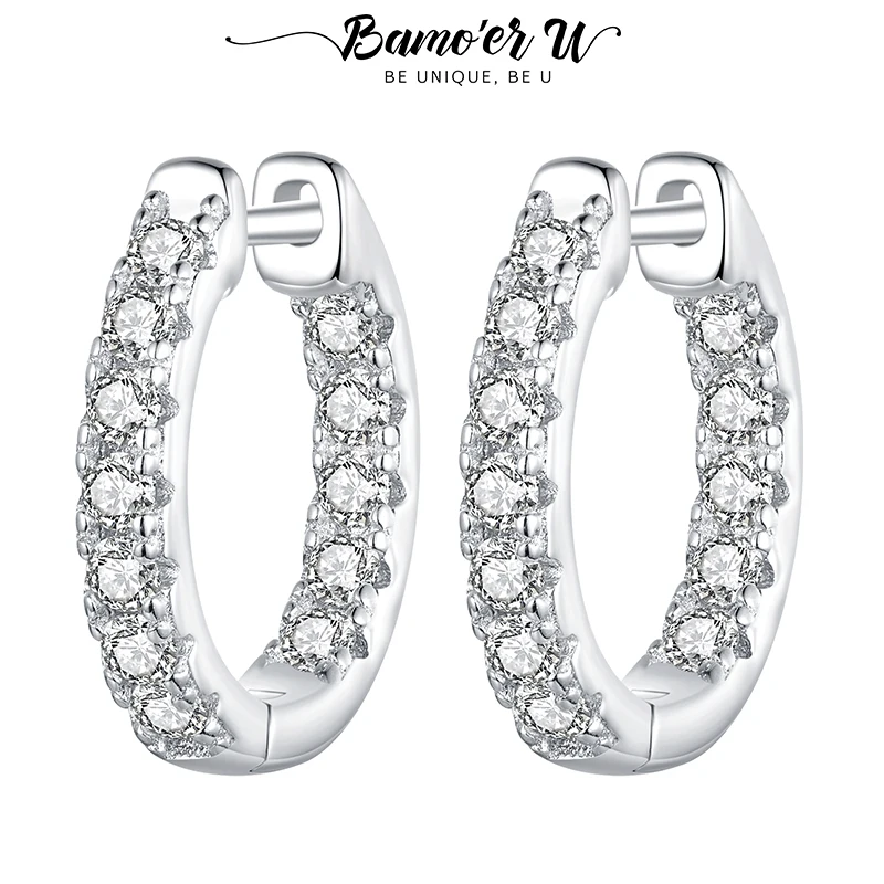 Bamoer U Moissanite Hoop Earrings Ear Buckles D Color Round Cut Lab Diamond Original for Women Engagement Sparking Jewelry Gift