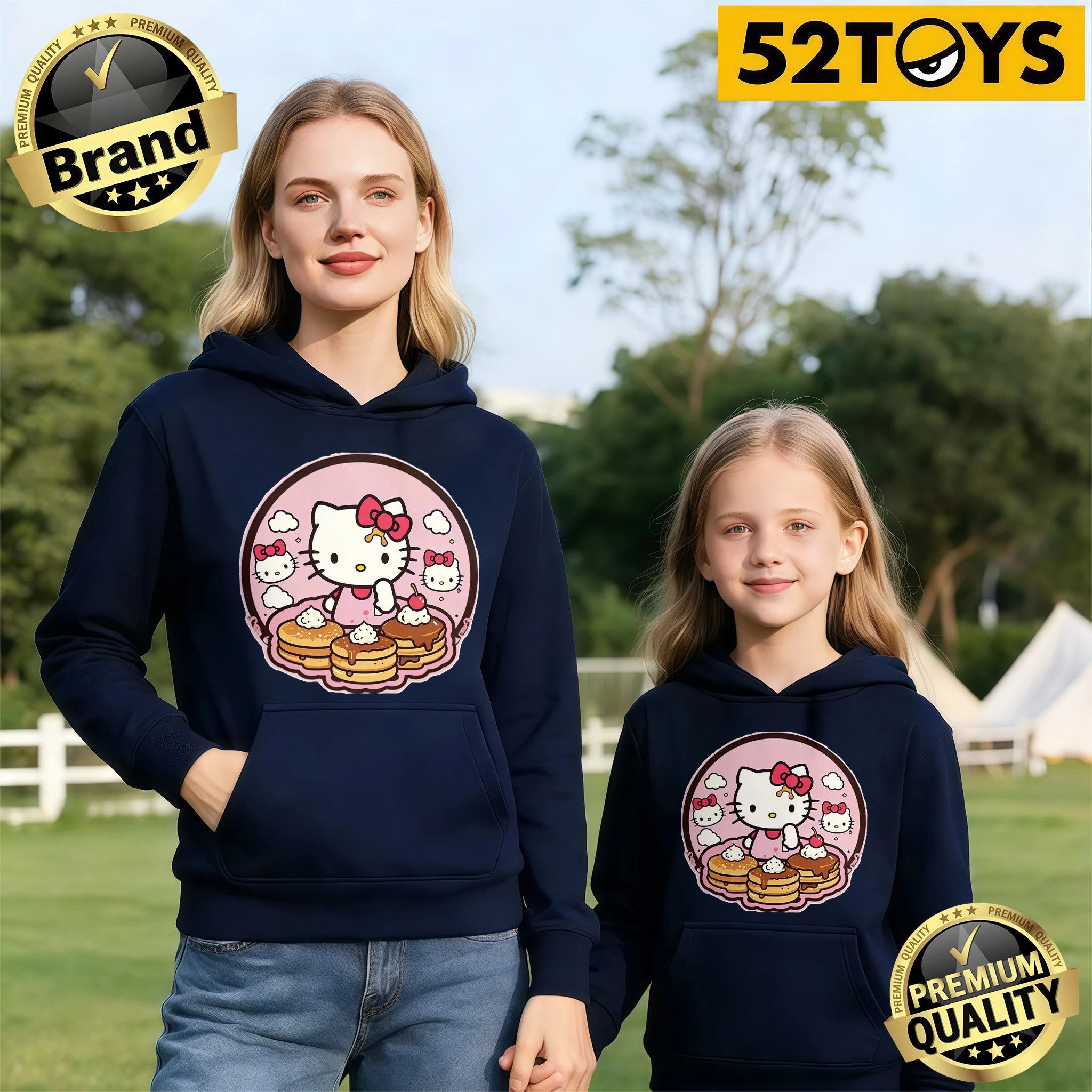 

2026 Autumn-Winter Trending Hello Kitty Pancake Print 100% Cotton Family Hoodies, High Quality Casual, Single Piece Available