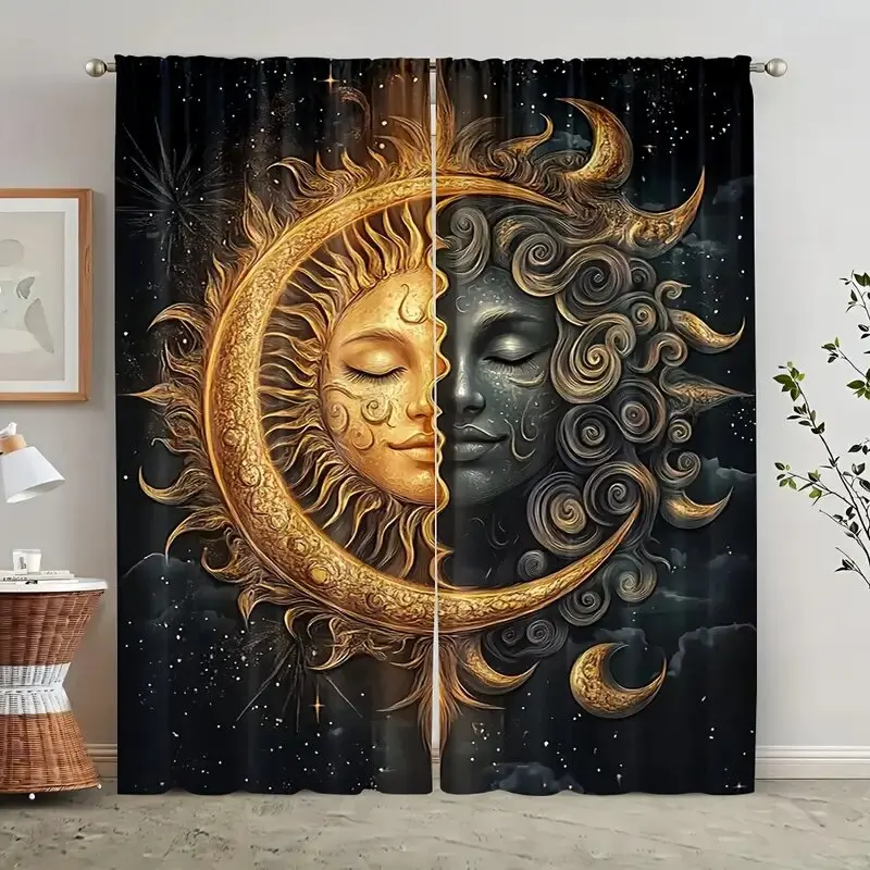 2 Pcs Sun and Moon splicing print curtains,suitable for bedroom,living room kitchen decoration,home decoration,window decor