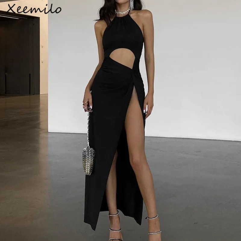 WhereMery Sexy Prom Party Black Long Dress Elegant Waist Hollow Out High Split Knit Dresses Fashion Backless Lace Up Women Robe