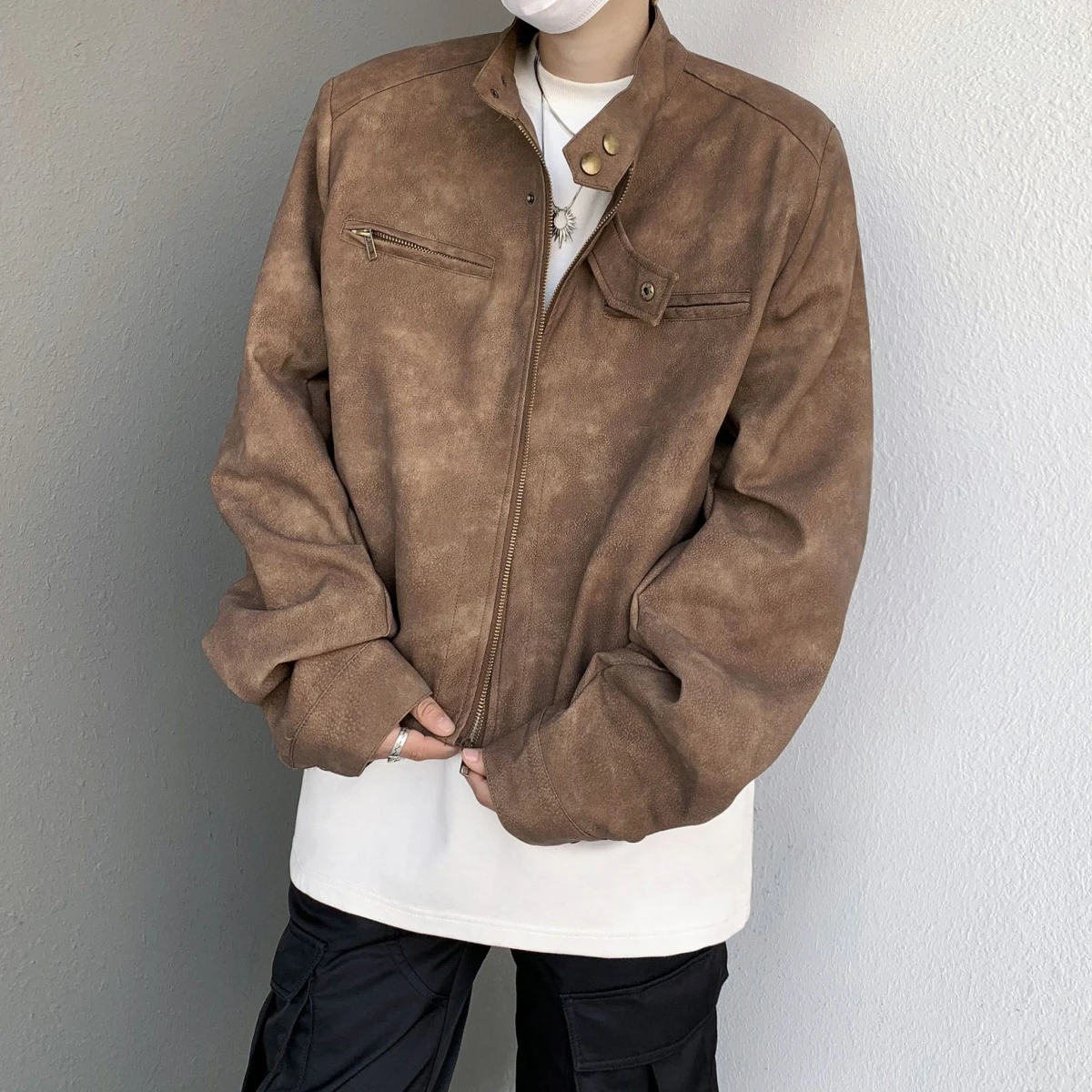 

Faionable American Sle, мужские трендовые подушечки с воротником-стойкой, байкерская одежда, модная уличная трендовая повседневная кожаная одежда