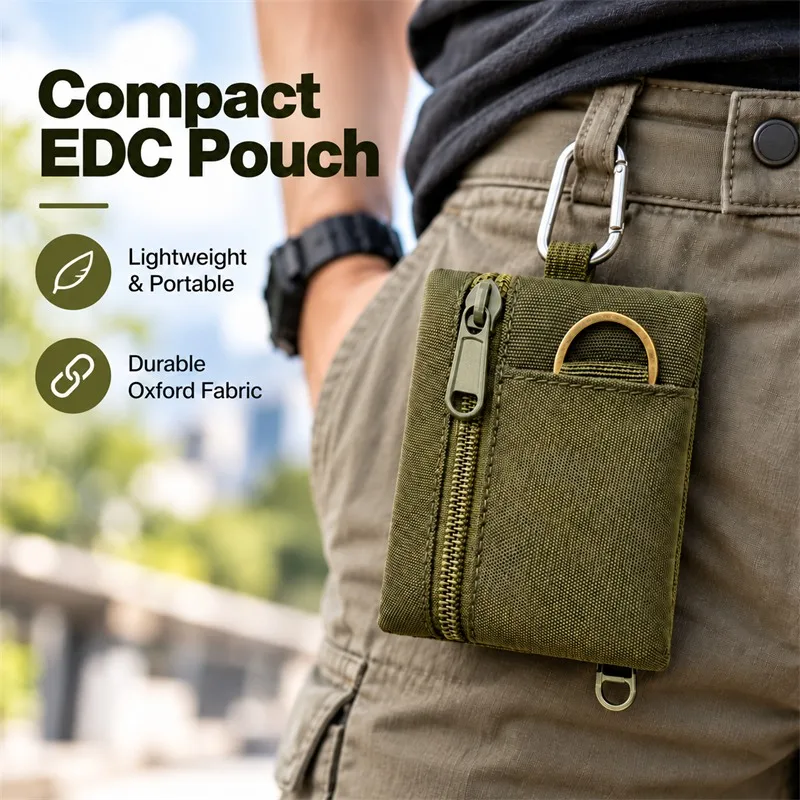 Tactical EDC Coin Bag Portable, Waterproof Zipper Wallet Card Keychain Mini Practical Bag with Mountaineering Buckle