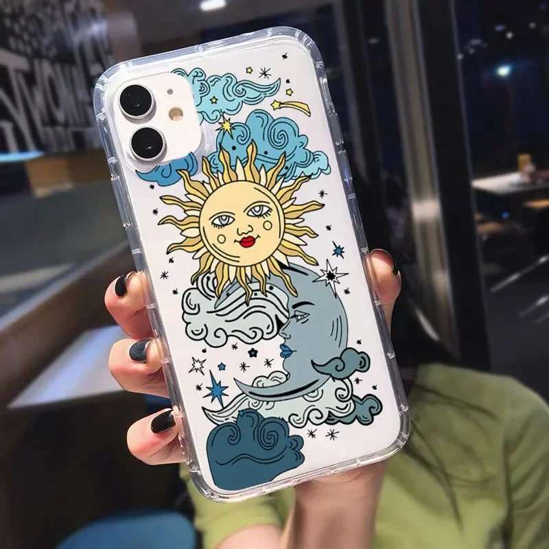 JAMULAR Fashion Art Sun Moon Clear Phone Case For iPhone 13 12 11 14 15 Pro XS MAX SE 7 XR Plus Shockproof Soft TPU Cover Coque