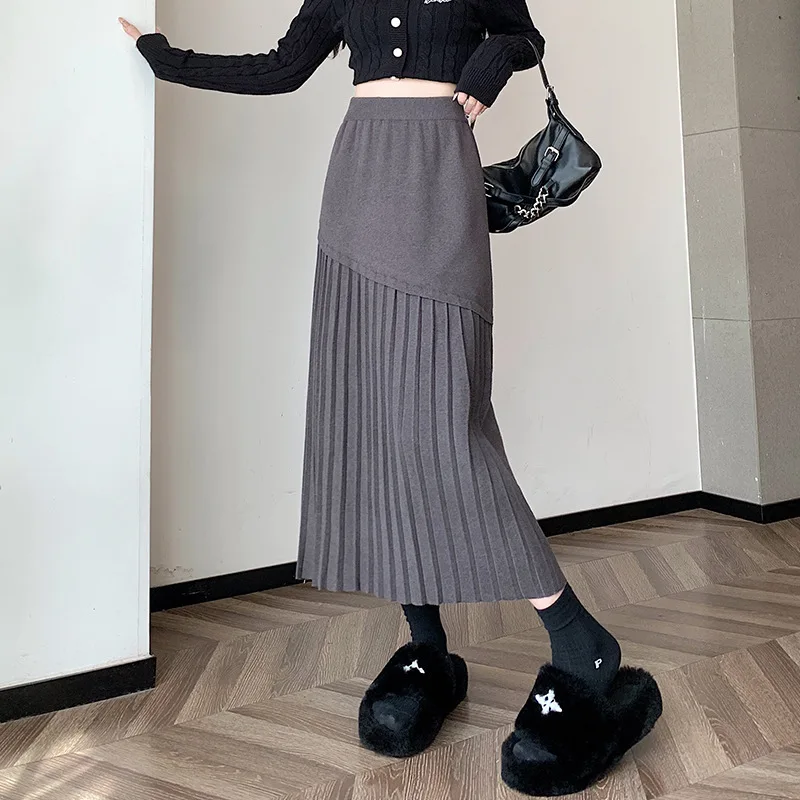 

2024 Knitted Hundred Fold Splicing Knitted Half Skirt for Women in Autumn and Winter, High Waist, Suspended A-line Skirt