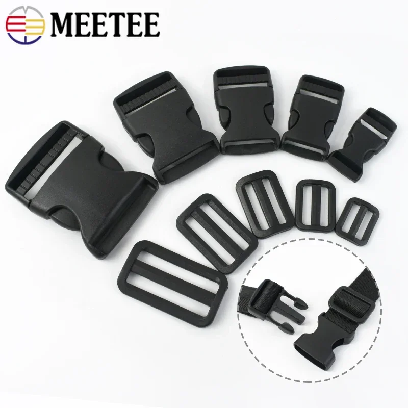 

2/4/8/10Sets Meetee 20-50mm Black Plastic Buckles Backpack Tri-Glide Adjustable Clasp Webbing Strap Release Hook DIY Accessories