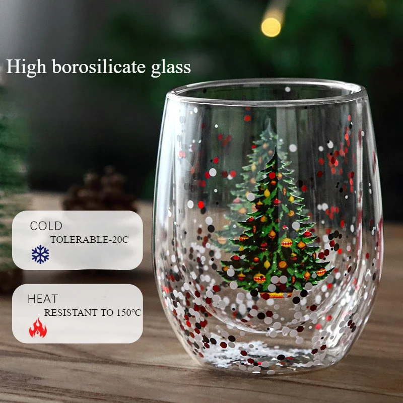 Heat-resistant Coffee Cups Double Wall Glass Cup Cute Cartoon Snowflake Christmas Tree Drinking Glasses Christmas Gift Drinkware