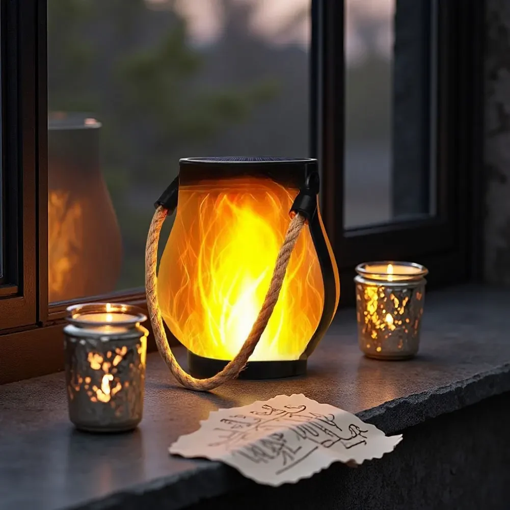 Solar Flame Lantern Outdoor Flickering Fire Garden Hanging Light Waterproof Pathway Lamp Halloween Decor