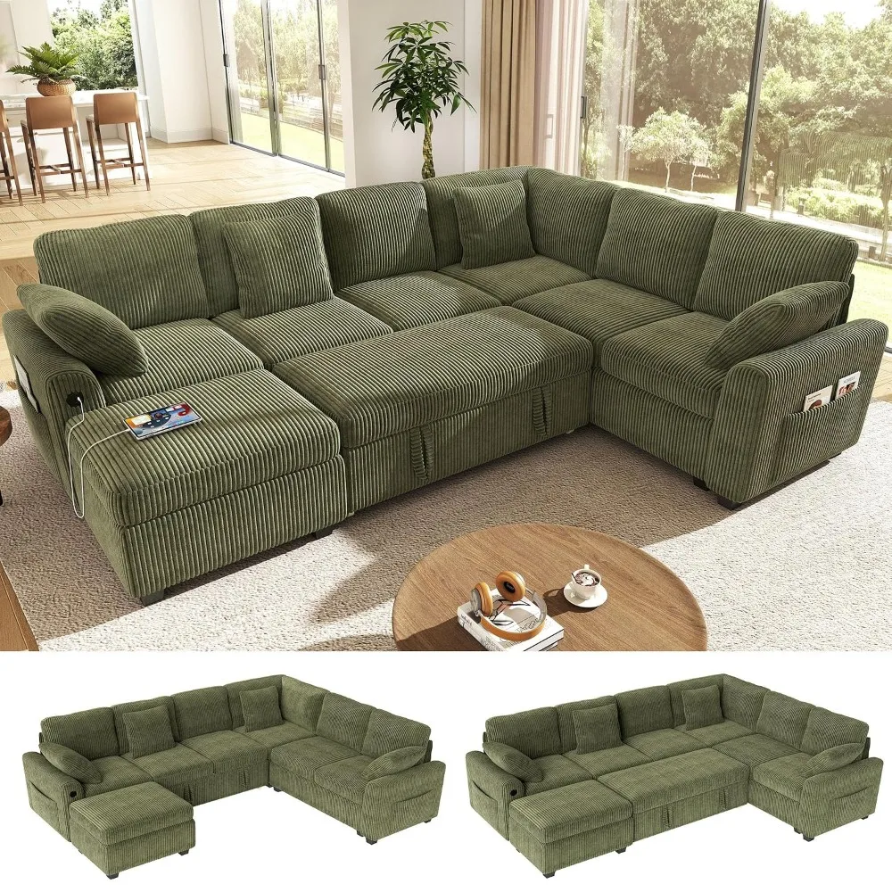 7-Seater Large Sectional Sofa Bed with Storage Ottoman & Lovescat, Corduroy Modular Sleeper Sofa Set with USB Port & 4, Custom