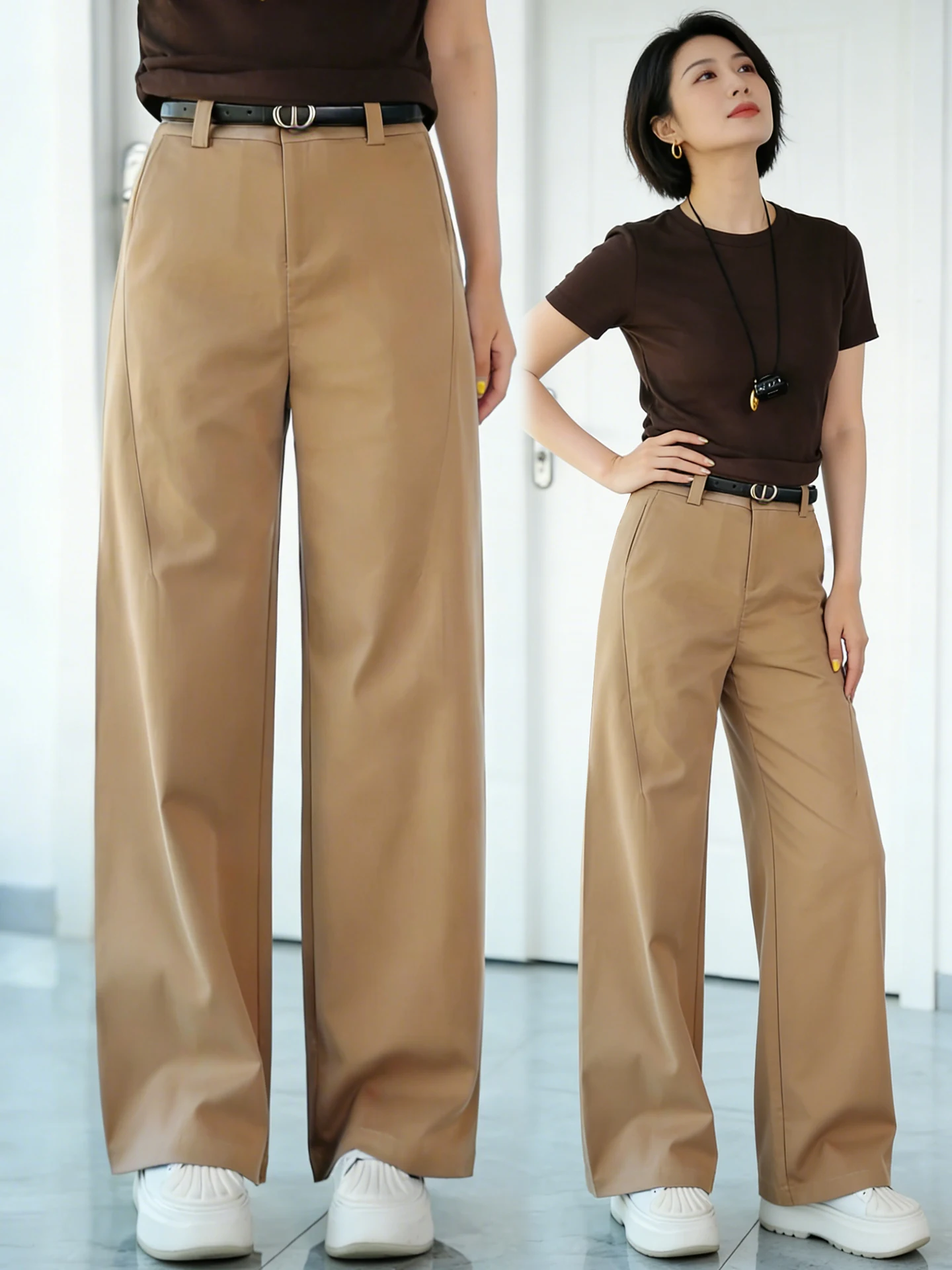 

Khaki Slim Wide Leg Pants Women's Spring Autumn High Waist Loose Casual Straight Cut Pants Fashionable Slimming Trousers