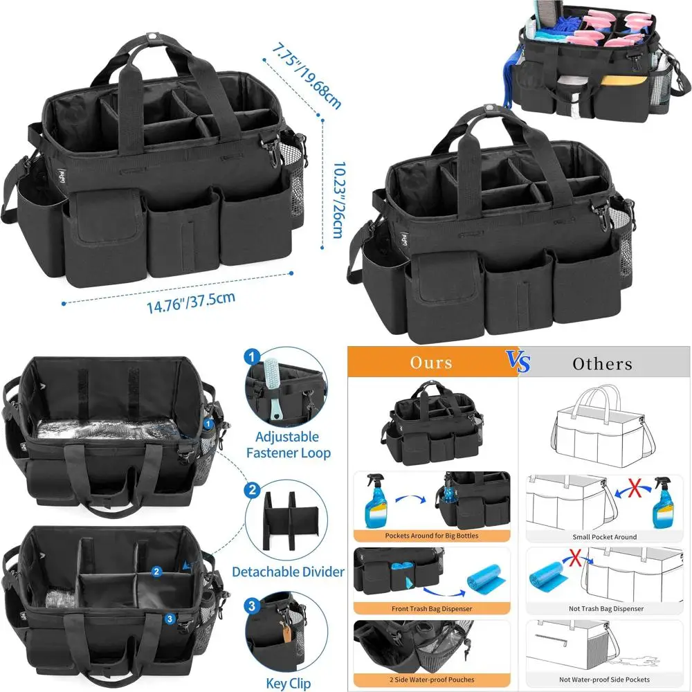 

Large Adjustable Cleaning Tote Bag with Detachable Divider, Portable Organizer for Housekeeping Supplies, Black