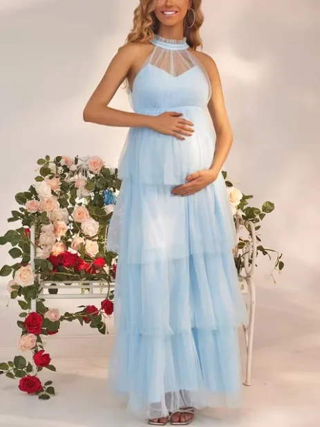 Элегантное вечернее платье, однотонное сетчатое каскадное платье с рюшами для беременных, с круглым вырезом, без рукавов, реквизит для фотосессии, платье для беременных