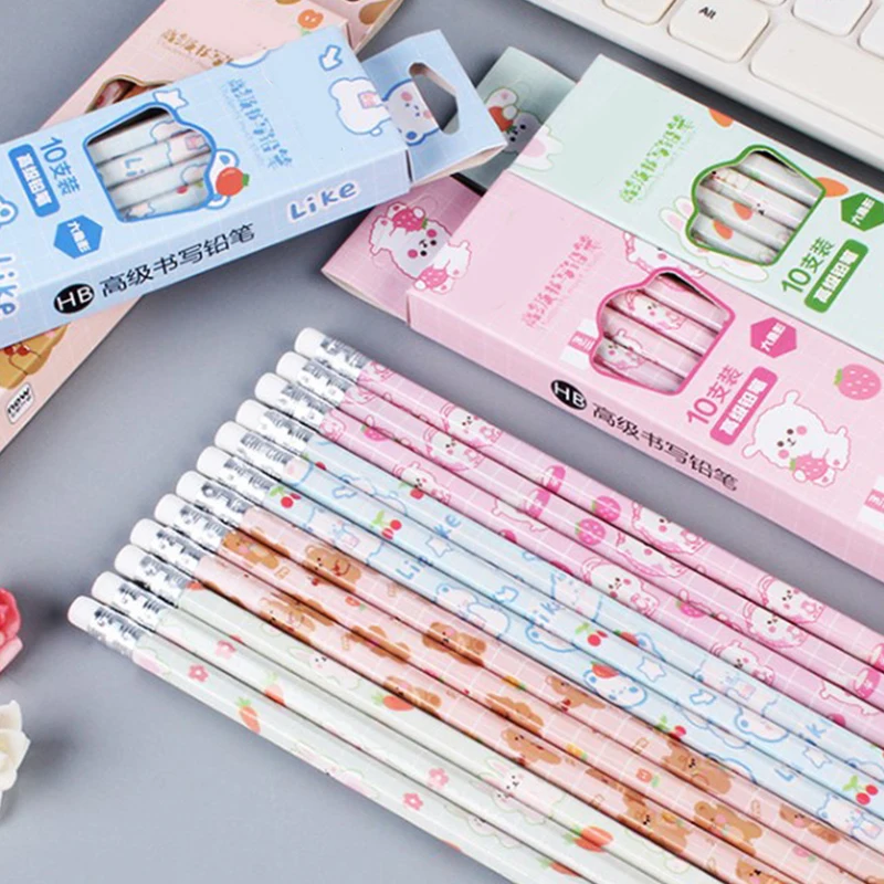 Juego de lápices de grafito de 10 piezas, lápices de papelería coreanos Kawaii para niños, suministros de arte para escritura y dibujo escolar