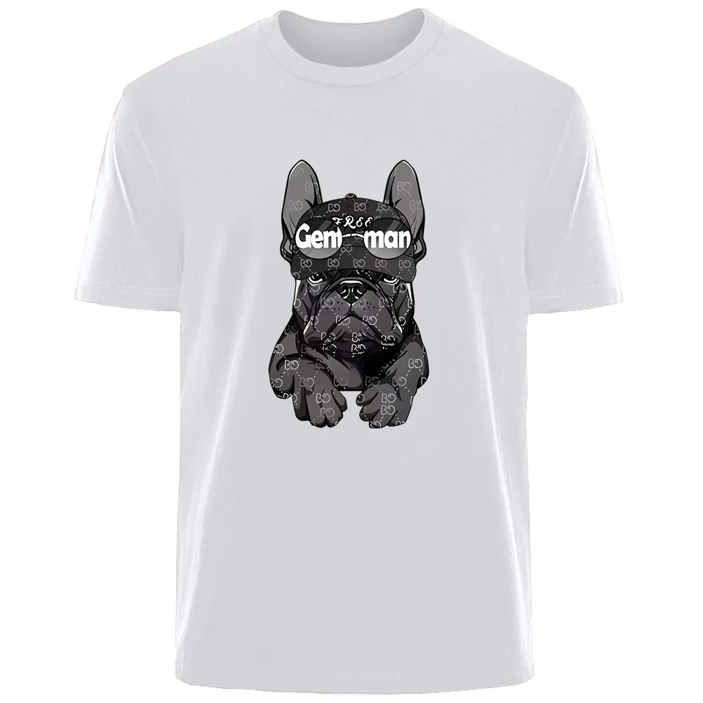 Summer High Street Harajuku French Bulldog Men\'s 100% Cotton Breathable Sweat Absorbent Casual T-Shirt Street Men\'s Clothing