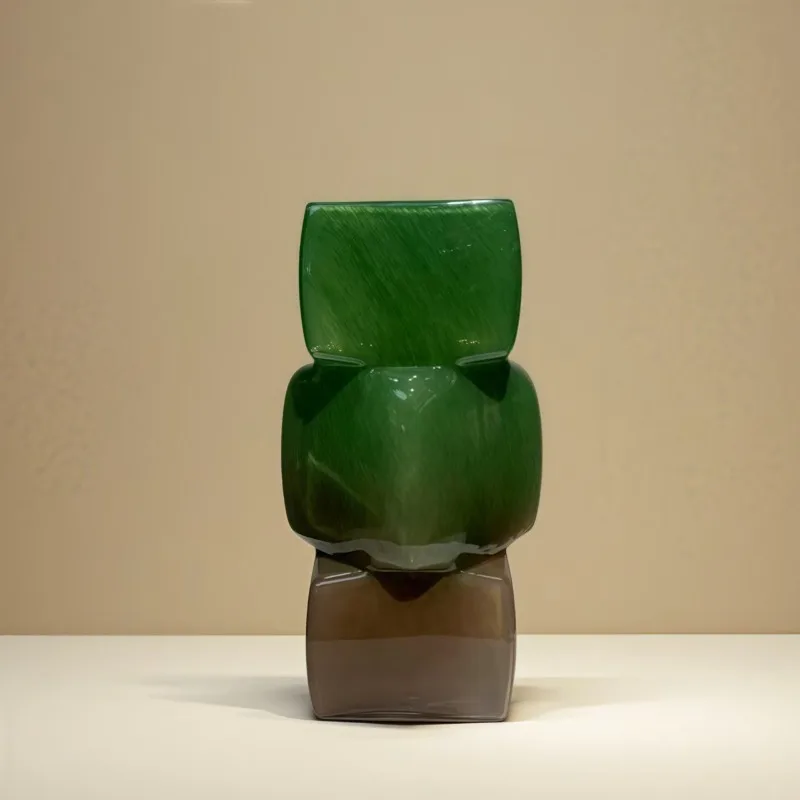 Medium-ancient glazed square mouth vase, niche design sense, water-raised flowers, geometric green flower ware ornament, niche h