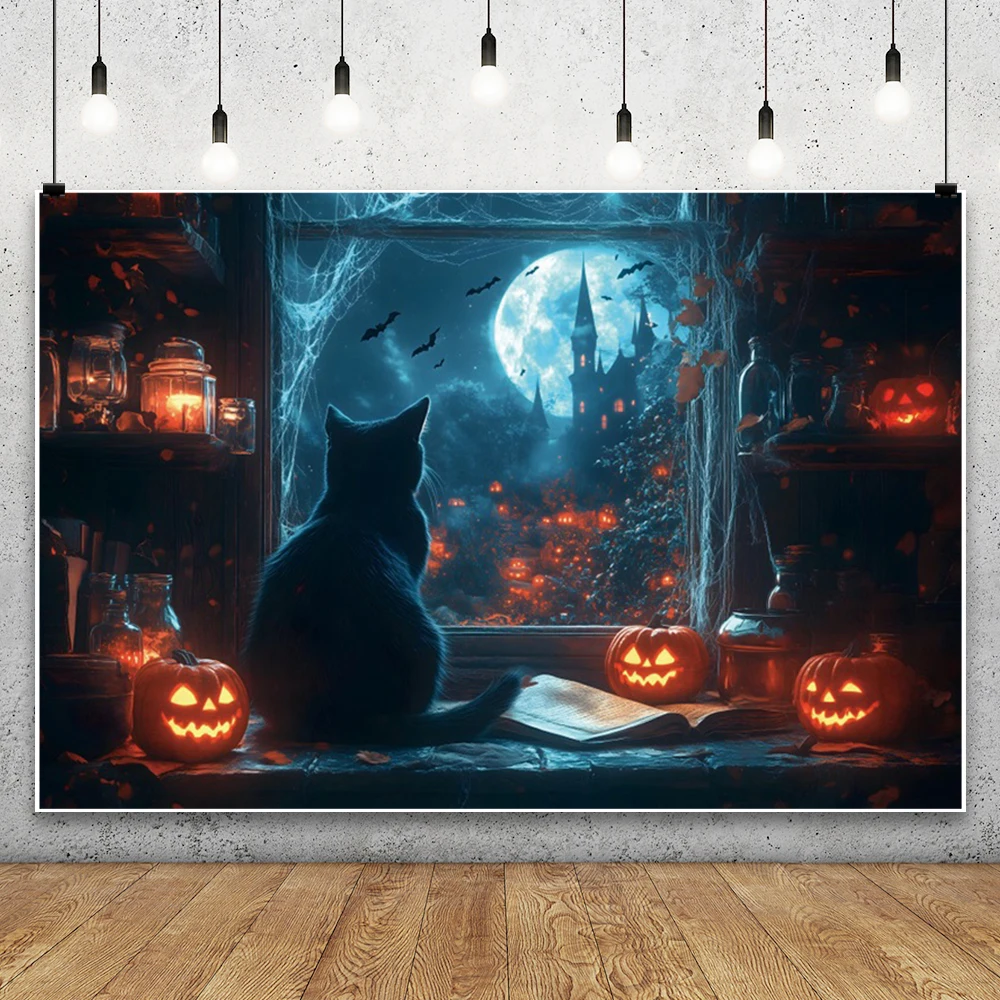 

Halloween Photo Background Scary Castle Pumpkin Lights Dilapidated Bookshelf Black Cat Magic Potion Photography Backdrop Studio