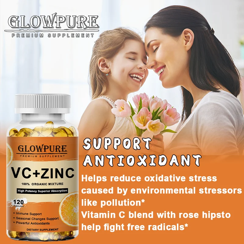 Vitamin C Zinc Capsules for Antioxidant Immune System Metabolism Dietary Natural Health Supplement Non-GMO Vegan Premium Formula