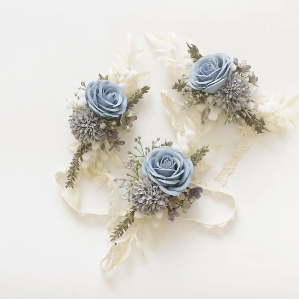 

Blue Artificial Flowers Men Groom Boutonniere Bridal Wrist Corsage Wedding Party Decorations