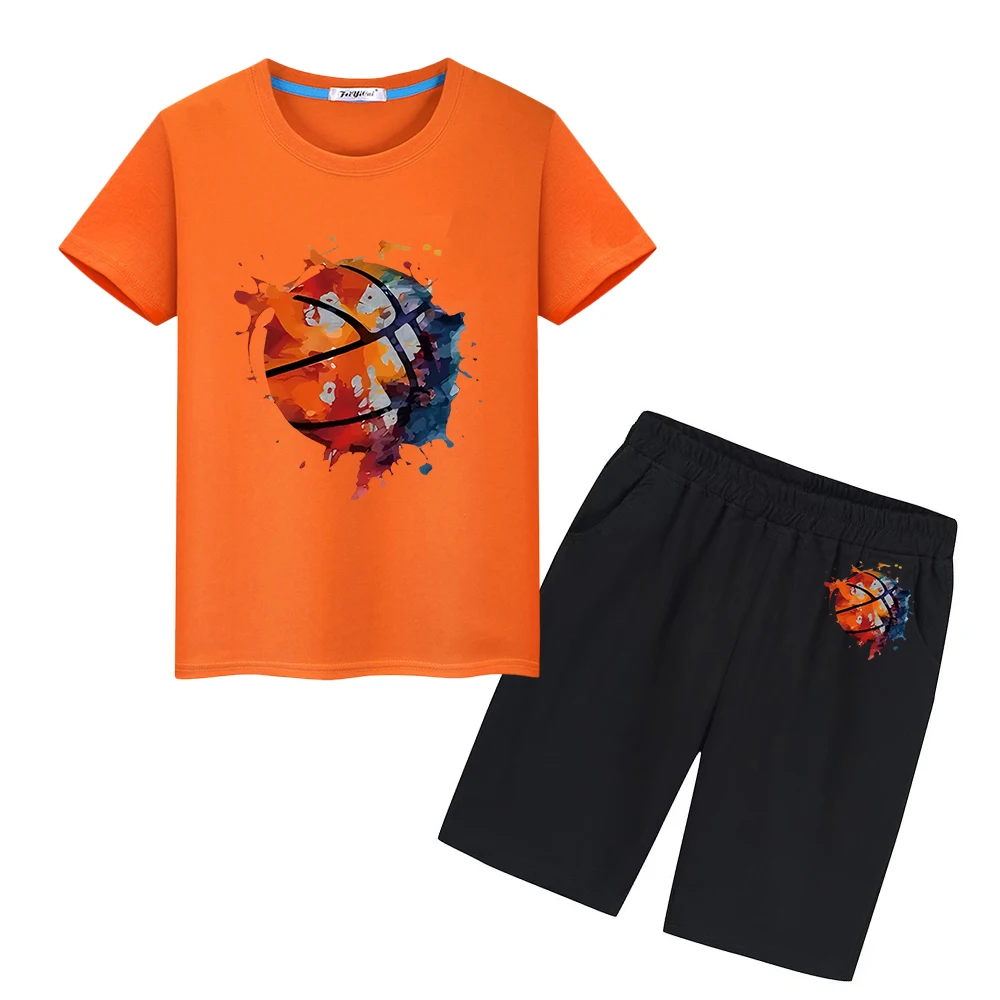 Basketball Sports Sets Print 100%Cotton T-shirt  boys girls clothes Summer Cute Tees Kawaii Tshirts Tops+shorts kid holiday gift