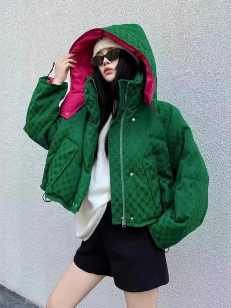 New Hooded Print Green Down Jacket Winter Female 2025 Parkas Mujer Casual Puffer Duck Downs Coats Women Elegant Office Lady