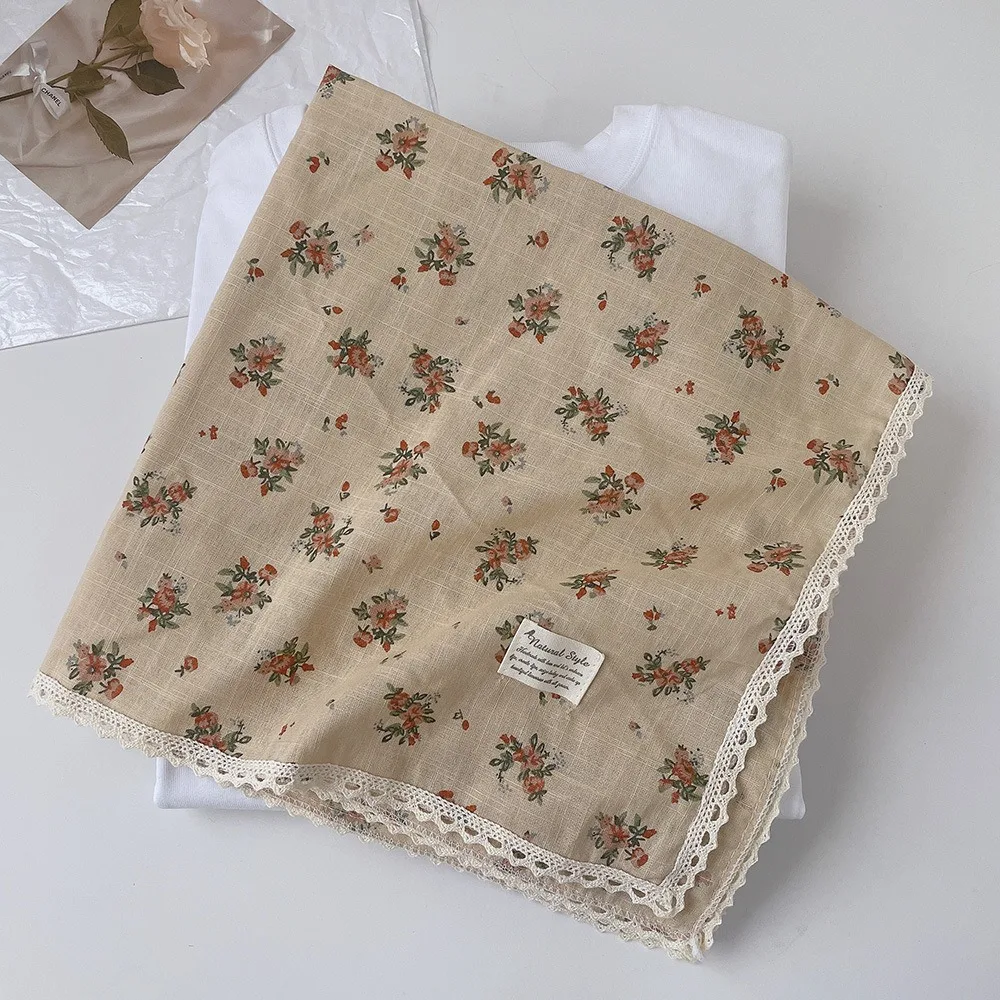 

Милый хлопковый льняной квадратный шарф, повязка на голову с цветком, 60 см, шелковый шарф с принтом, пасторальный стиль, аксессуары для одежды