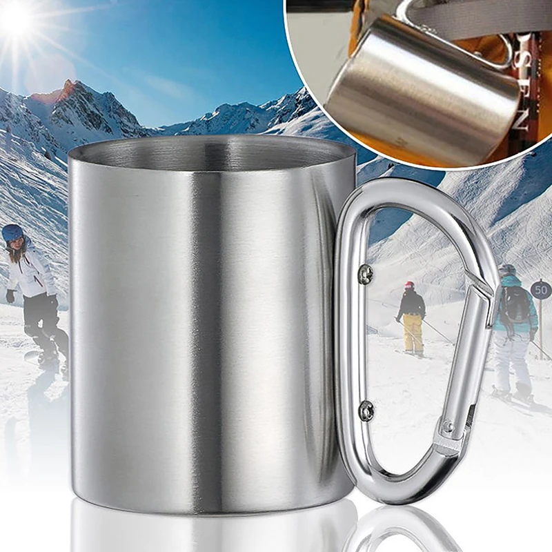 220ml Camping Travel Stainless Steel Cup Carabiner Hook Handle Picnic Water Mug Outdoor Travel Hike Cup