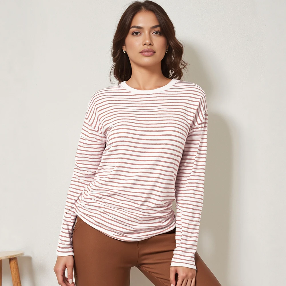 

Mia Muse Boutique женские футболки осень-зима повседневные базовые простые удобные полосатые повседневные футболки с круглым вырезом и длинными рукавами