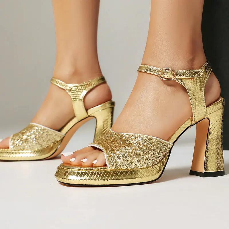

Sparkly Silver Gold Open Toe Party Wedding Bride's Shoes Ankle Wrap Platform Block High Heels Prom Glitter High Heels Sandals