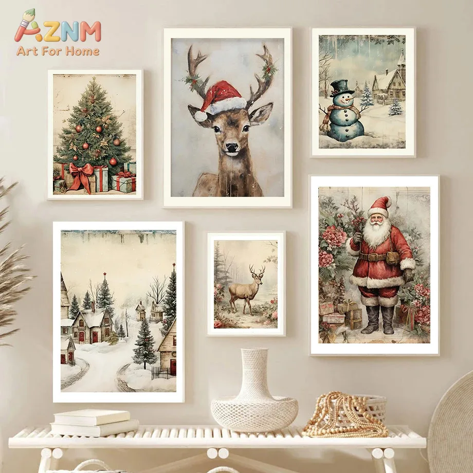 AZNM Vintage Santa Claus Canvas Wall Art Retro Old Fashioned Xmas Gift Floral Holly Antique Texture Print Unframed Canvas Christ