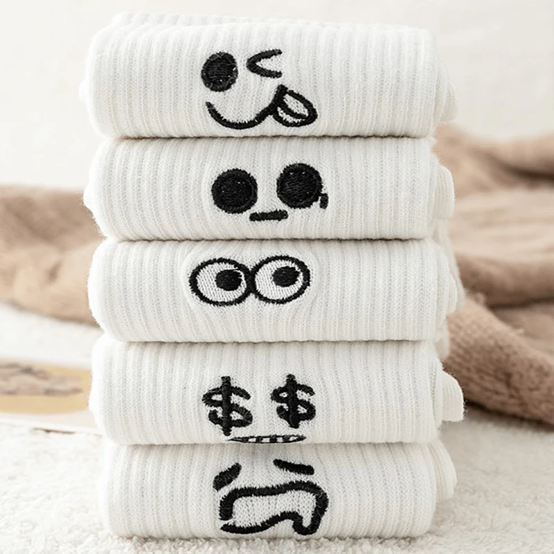 5 Pairs Women's Cartoon Socks Round Neck Mid Tube Fashionable Cute Expression Pattern Socks Casual Breathable Autumn Girls Socks image 4