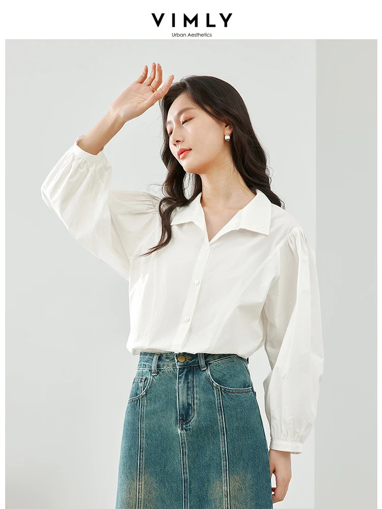 Vimly Cotton 100% White Shirt Casual Loose Shirts & Blouses 2024 Spring New Lapel Lantern Sleeve Tops Women\'s Clothing M5017