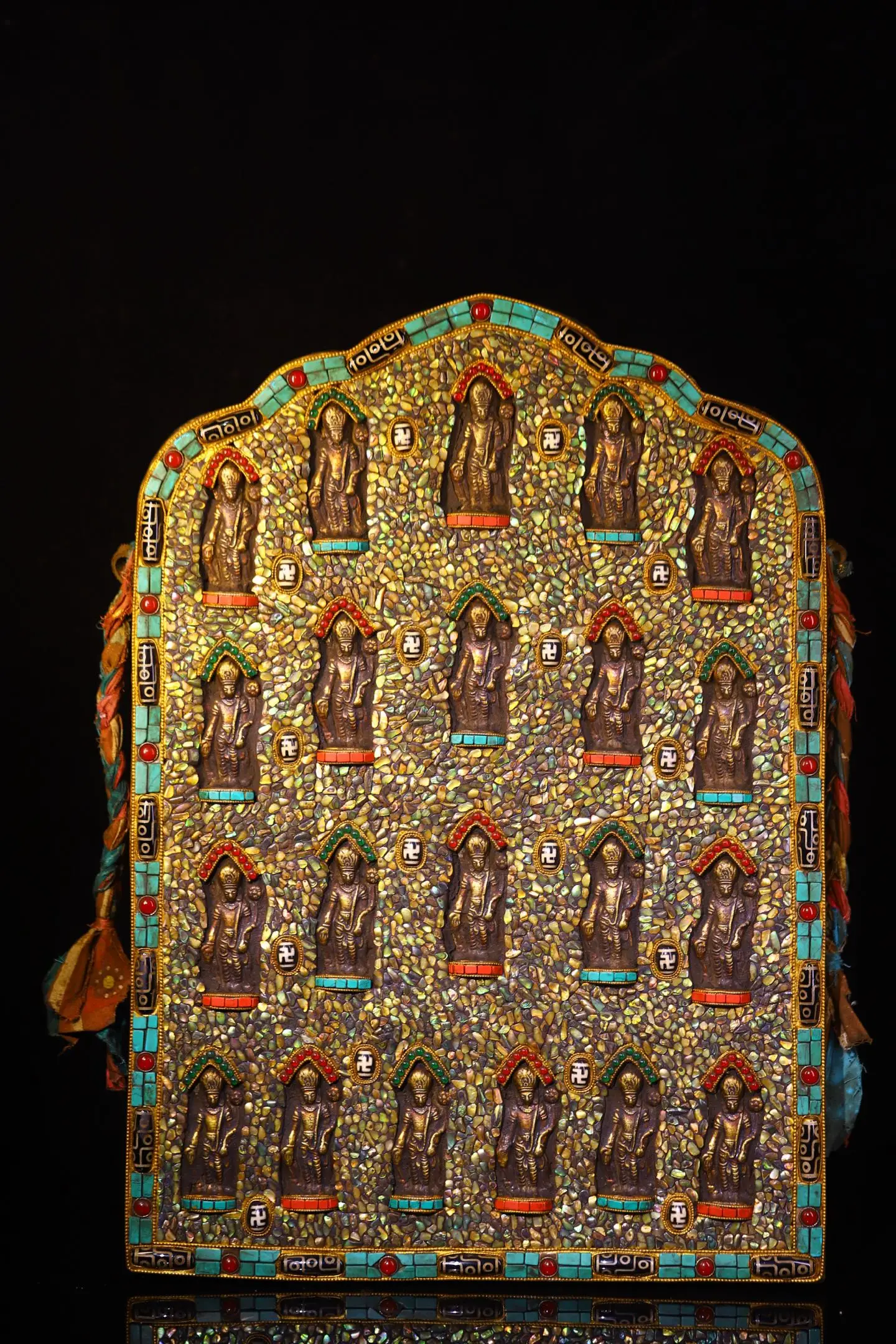 

19"Tibetan Temple Collection Old Bodhi Root Painted Mosaic Gem gZi Beads Turquoise Twenty one Mother Buddha Plaque Thangka