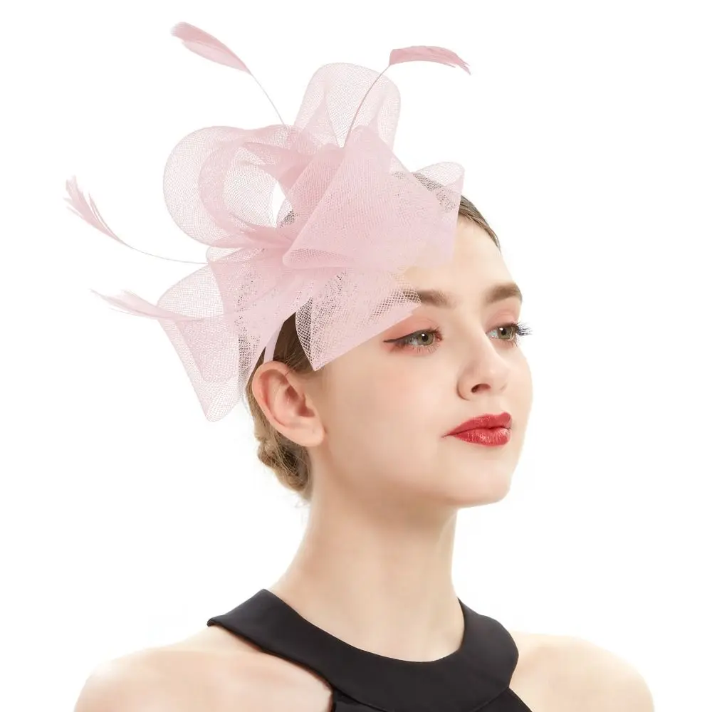 Elegant Pink Fascinators Hair Accessories Vintage Mesh Headband Party Dance DerbyHat Girl