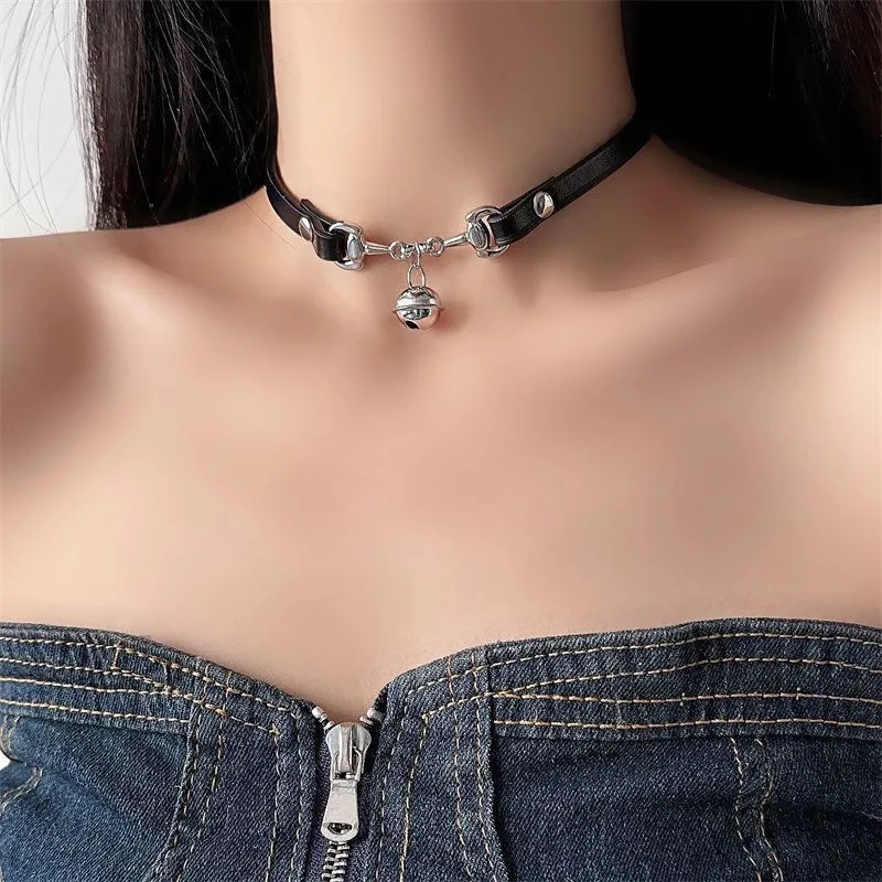 Gothic Choker Necklace with Bell Pendant Adjustable Faux Leather Collar for Cosplay Lolita Fashion Punk Unisex Jewelry Accessory - view 2
