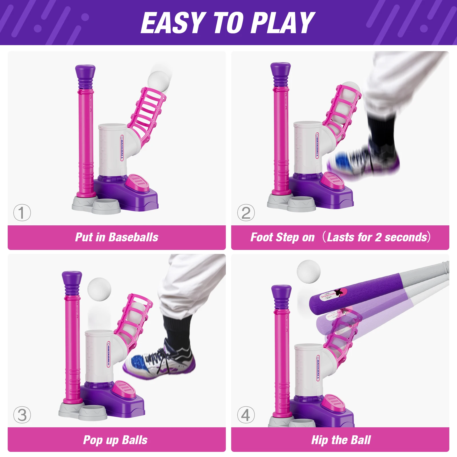 ชุดเทเบิลบอลสำหรับเด็กเล็กอายุ 3-5 ปี พร้อมเครื่องยิงลูกแบบมีขั้นบันได ทีตีปรับระดับได้ ไม้ตีแบบยืดหดได้ และลูกบอลแบบป๊อปอัพ 8 ลูก ของเล่นกีฬากลางแจ้ง