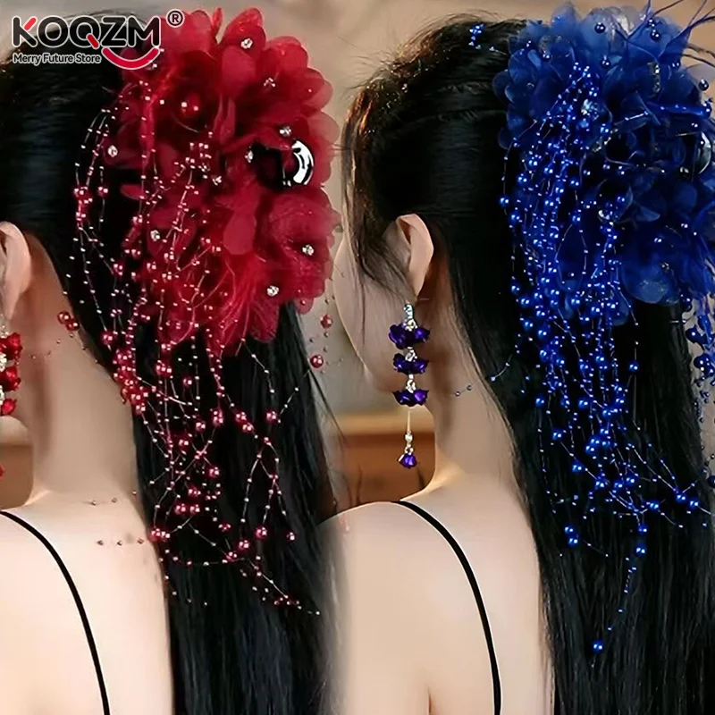 Women Luxury Mesh Flower Pearls Tassels Hair Clips Female Fluffy Shark Hair Claws Hair Accessories Headdress Elegant Hairpin