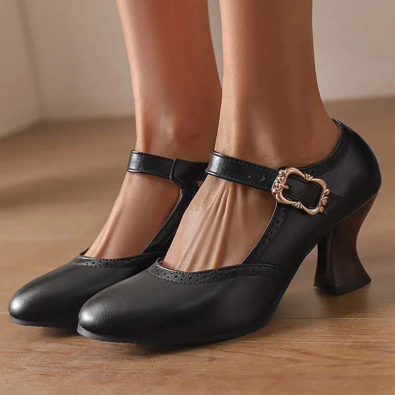 

Женские туфли Мэри Джейн больших размеров в стиле ретро на высоком каблуке с мелким деревянным зерном, нестандартный грубый каблук, полая металлическая пряжка, туфли в британском стиле