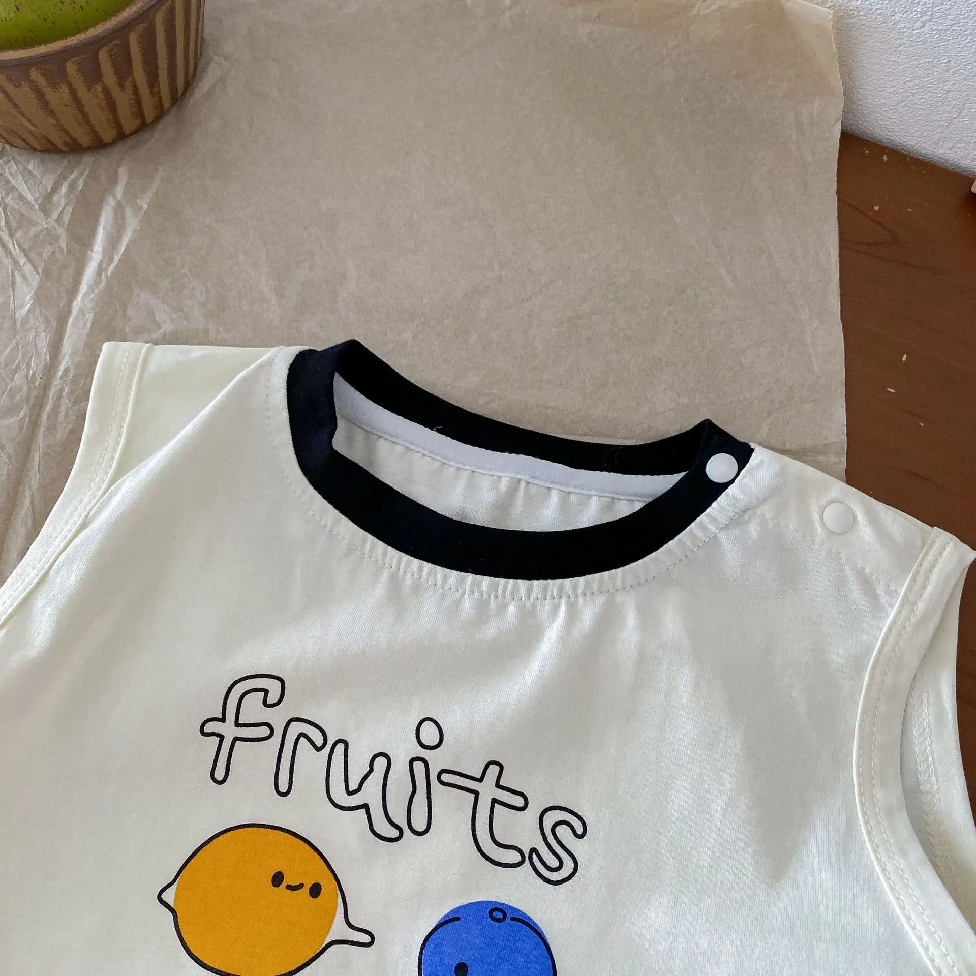 2024 Summer Children's Clothing Kids Tracksuit Boy Girl Fruit Print Sleeveless Tops + Plaid Shorts 2pcs Baby Cartoon Vest Suit